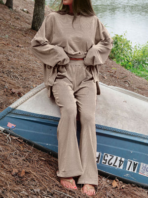 Wide-Leg Striped Long Sleeve Top And Pants Set in Pink