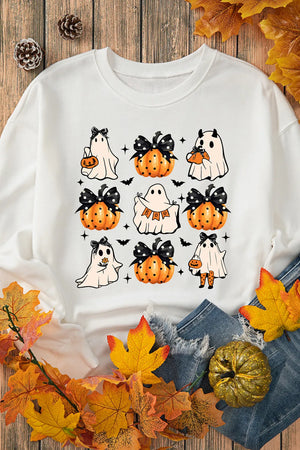 White graphic sweatshirt with a patchwork of cute ghosts and pumpkins, perfect for autumn.