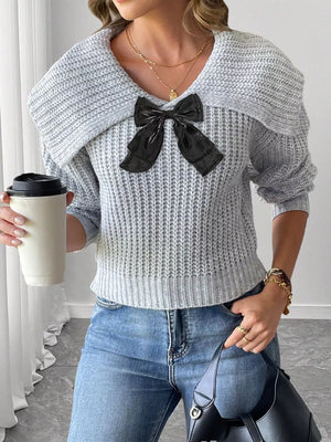 Contrast Bow Long Sleeve Sweater in ivory with waffle-knit