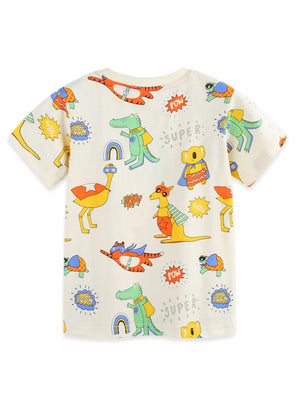 Children's beige crew neck t-shirt with a fun animal superhero print.