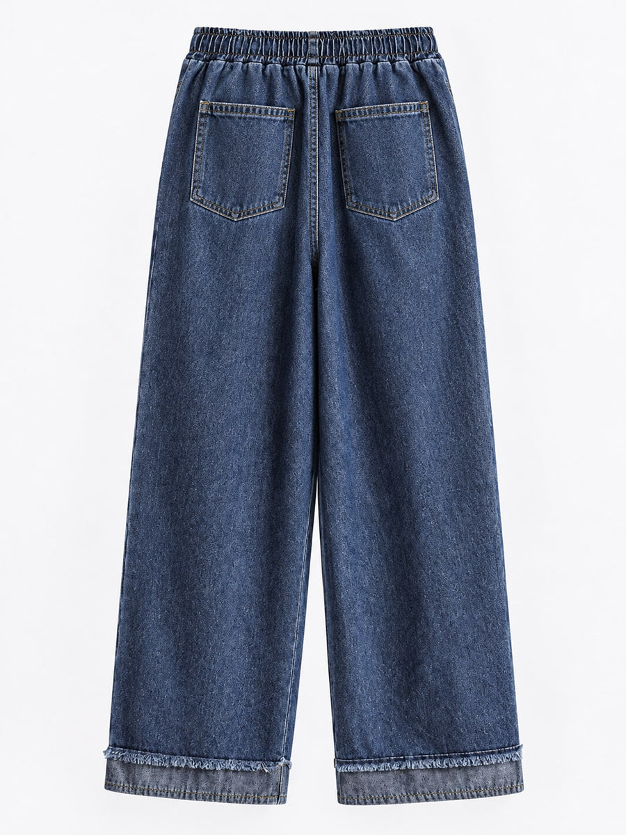 High-Waisted Wide-Leg Drawstring Jeans in Dark Blue with washed