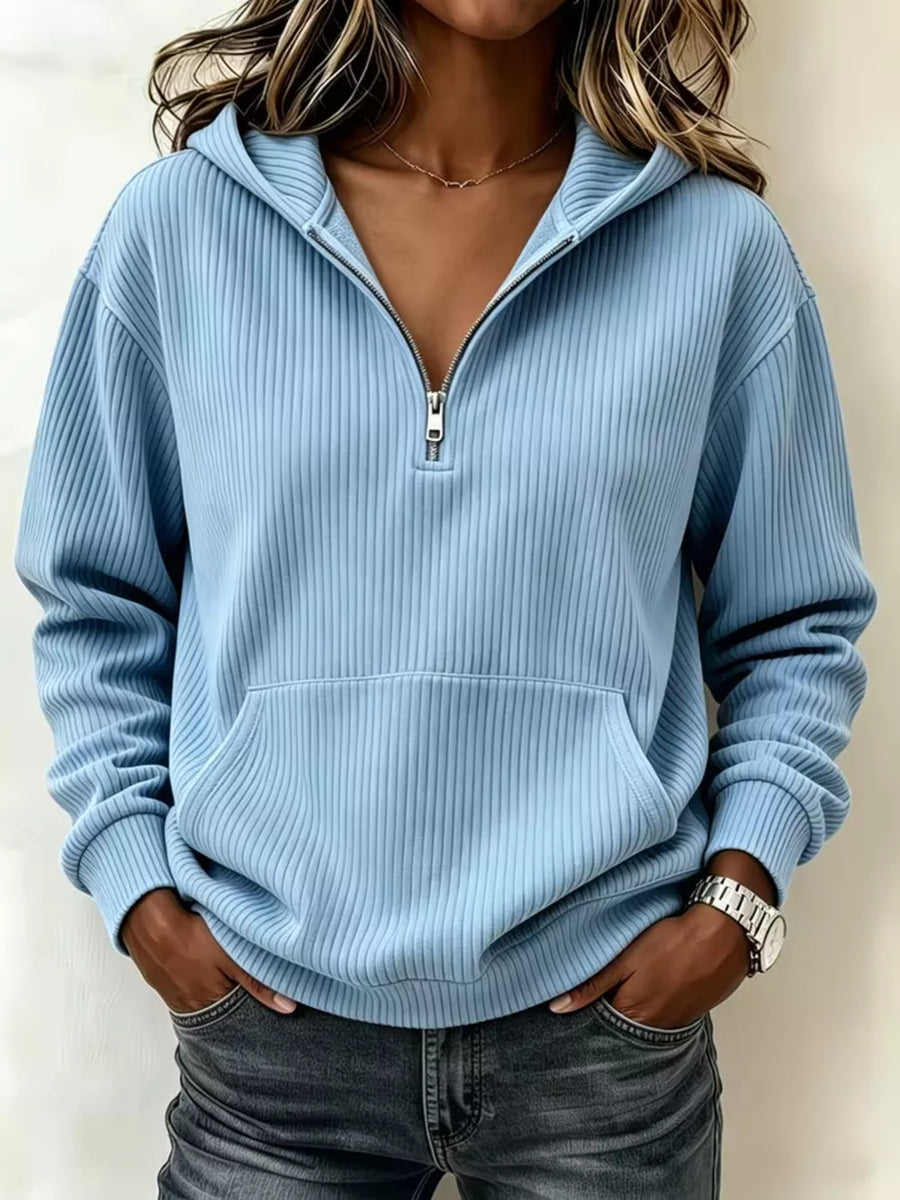 Black zip hoodie featuring ribbed and ribbed knit