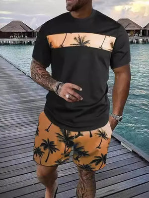 Royal Blue Men's Tropical Palm Tree Tee And Shorts Set
