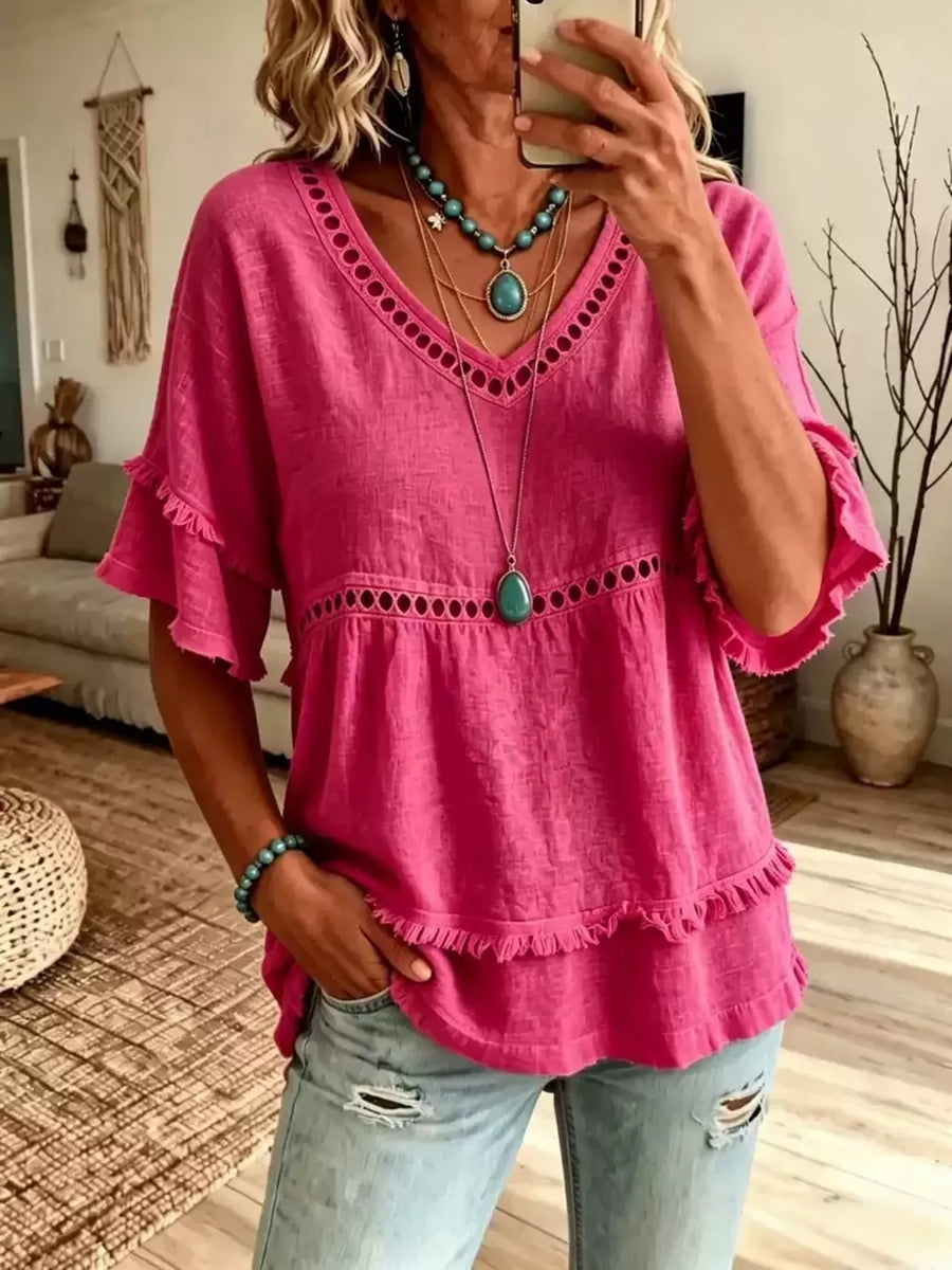 blouse in fuchsia featuring eyelet and relaxed fit