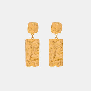 Gold-plated crinkle rectangular drop earrings with textured surface.