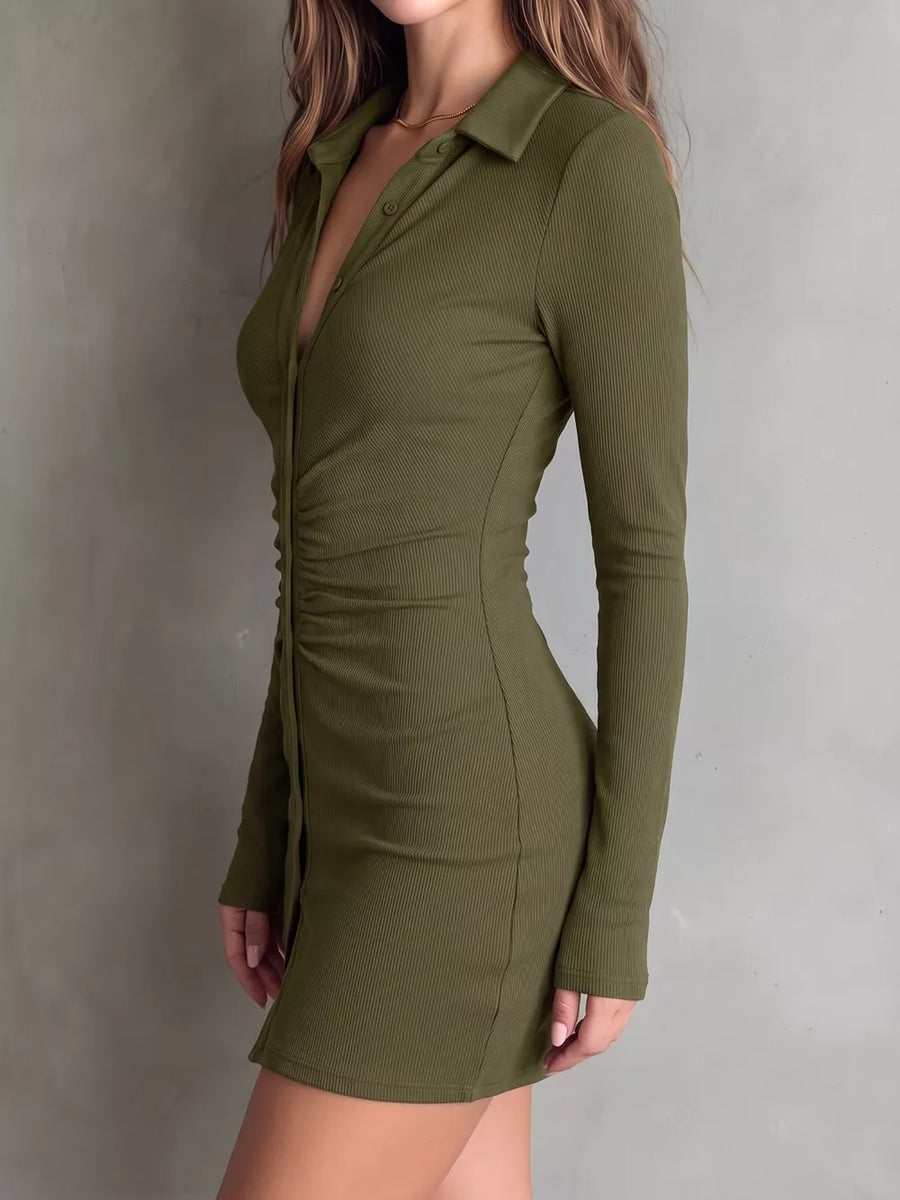 Black bodycon dress with button-front and ribbed