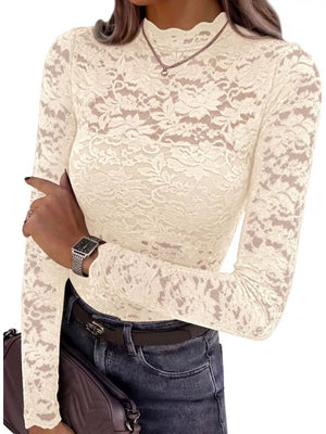 Lace Mock Neck Long Sleeve Top in Burgundy with lace