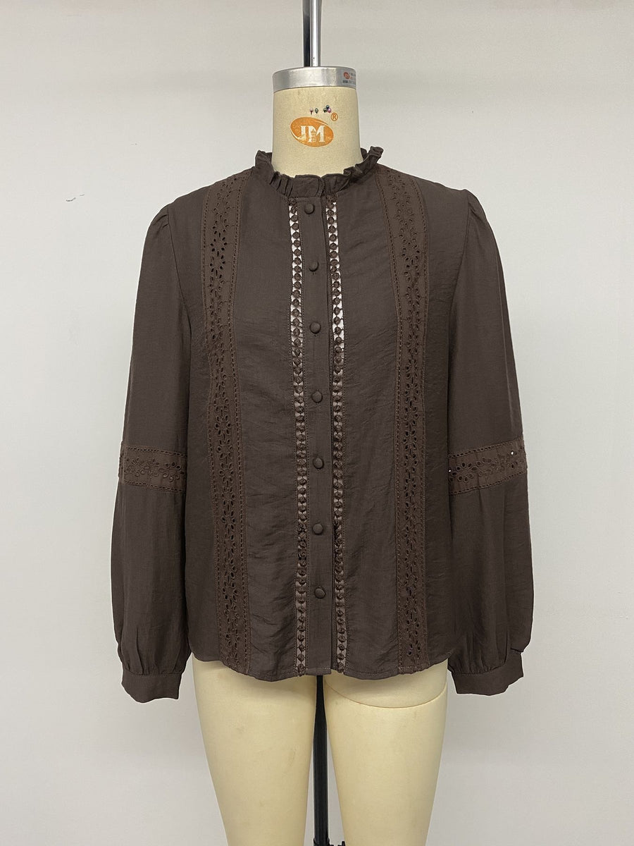 dark brown blouse with button-front and eyelet