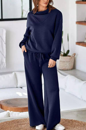 lounge set in navy blue featuring drawstring waist and relaxed fit