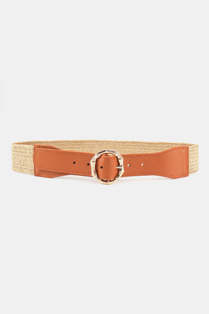 Raffia belt with caramel leather strap and gold alloy buckle
