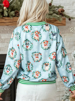 green sweatshirt featuring ribbed cuffs and dog print