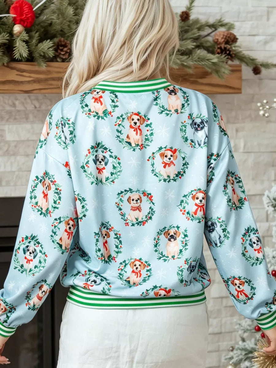 green sweatshirt featuring ribbed cuffs and dog print