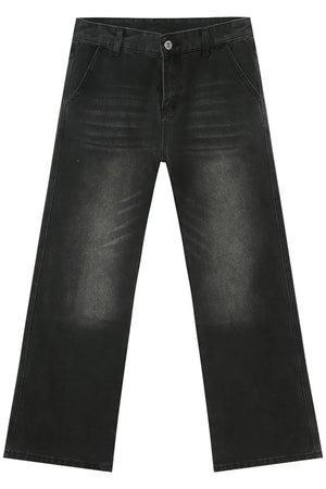 Dark wash denim jeans with a straight leg and pocket details.