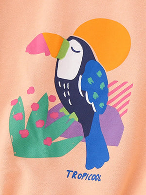 Kids tangerine crew neck sweatshirt with toucan graphic and "Tropicool" text