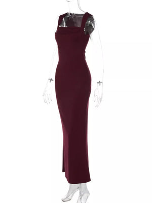 Wine red bodycon maxi dress with square neckline and wide straps.