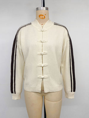 Chinese Knot Button Cardigan With Side Stripes in Apricot with chinese knot buttons