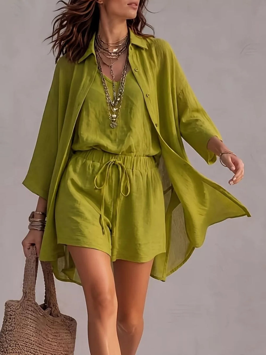 resort lounge set in lime green with v-neck