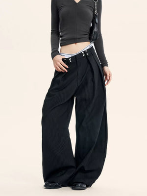 Black wide-leg pants featuring pocketed and striped