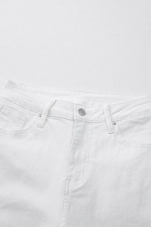 White cotton denim jeans with high waist and straight leg cut.