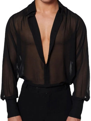 Black sheer silk button-down shirt with deep V-neck and long sleeves.