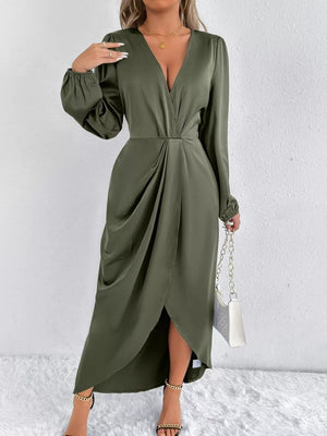 midi dress in olive green featuring split and A-line fit