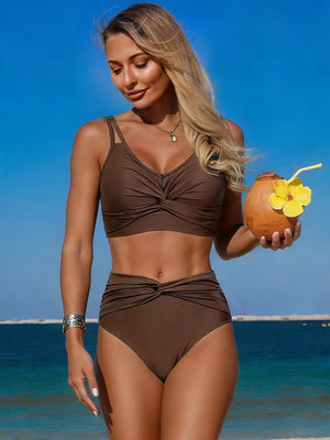 Brown twist front bikini set with high-waisted bottoms and a knotted detail.