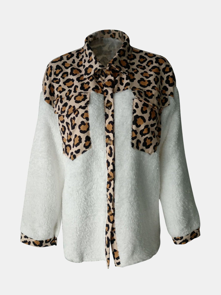 Plaid & Sherpa Hybrid Shacket in Leopard and Cream with button details and pockets.