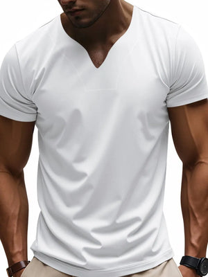 White V-neck performance tee with short sleeves and a subtle seam detail.