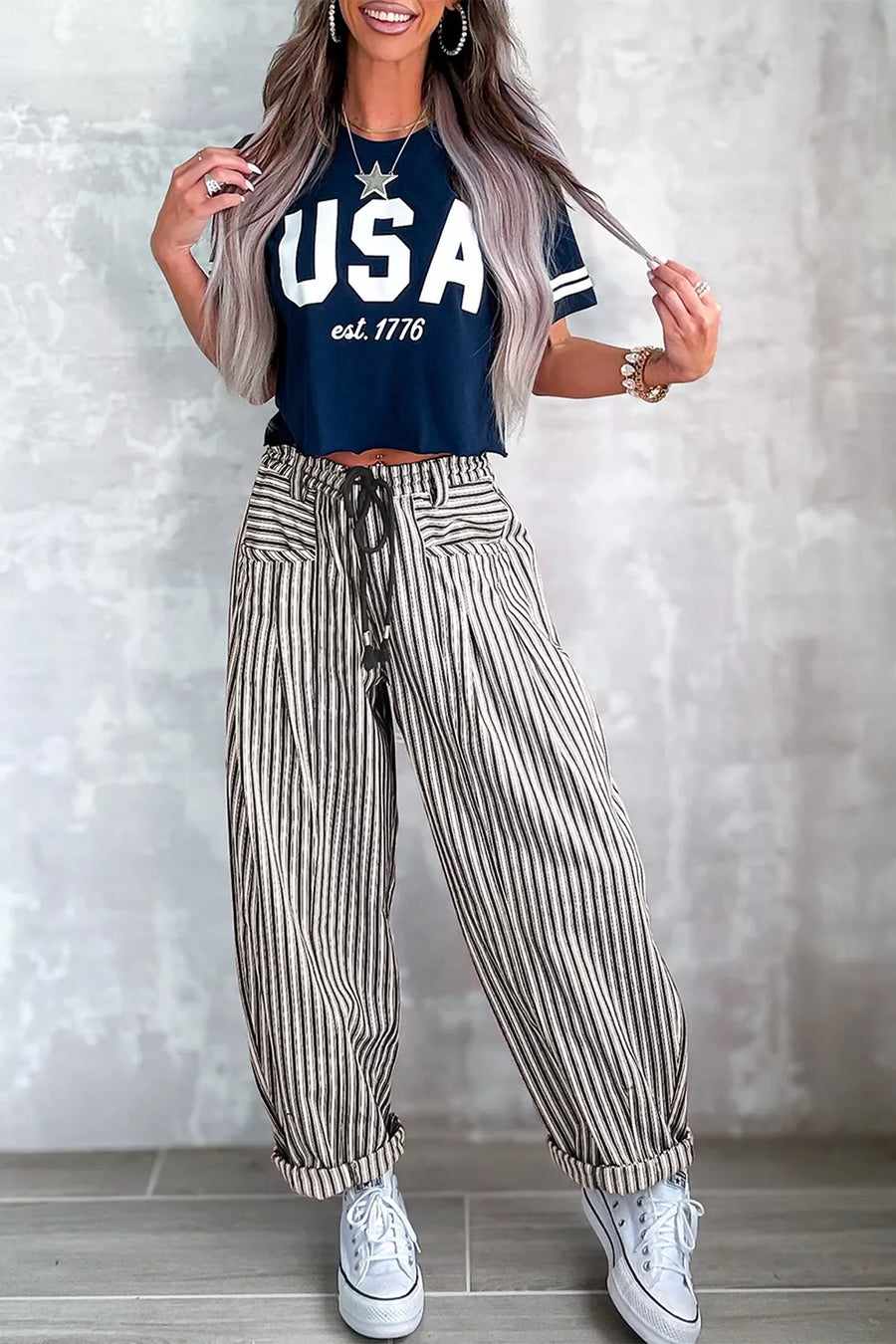 Stripe Drawstring Casual Loose Pants in cream with drawstring waist