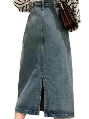 High-Waisted Vintage Wash Midi Denim Skirt Plus Size in Dark Blue with washed