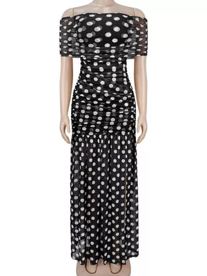 maxi dress in white with polka dot and ruched