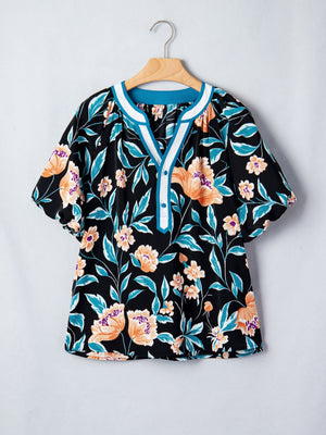 Black floral print button-down blouse with bubble sleeves and contrast trim neckline.