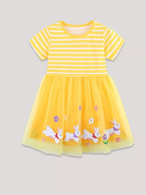 Yellow striped baby dress with bunny and floral tulle overlay