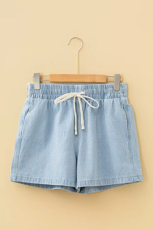Relaxed fit denim shorts with white pinstripes and a drawstring waist.