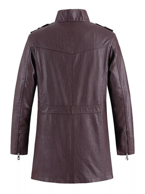 Plum purple faux leather zip-up jacket with zippered cuffs and shoulder epaulets.