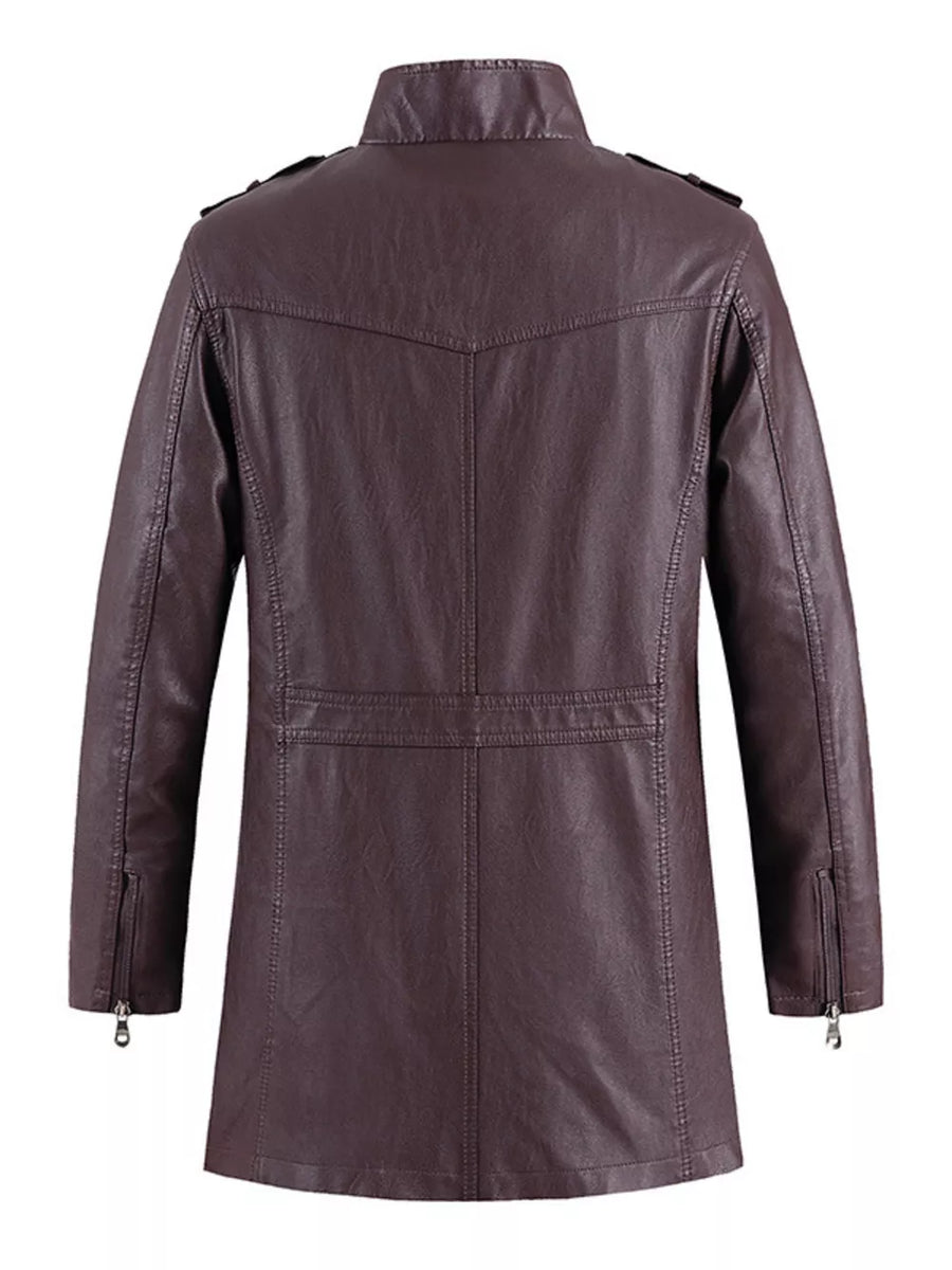 Plum purple faux leather zip-up jacket with zippered cuffs and shoulder epaulets.