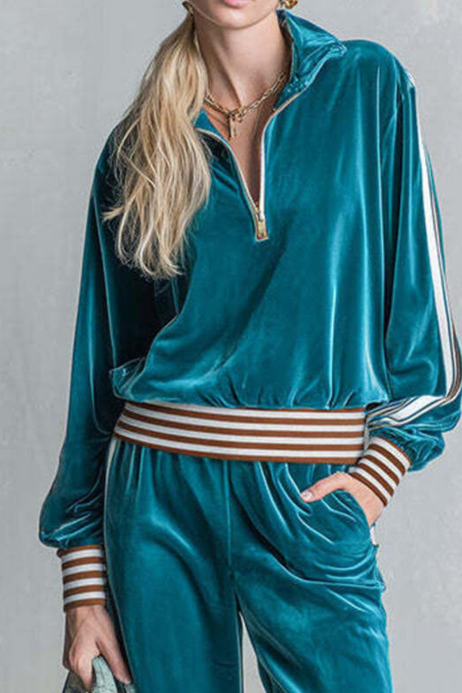 Burgundy lounge set featuring contrast stitching and striped