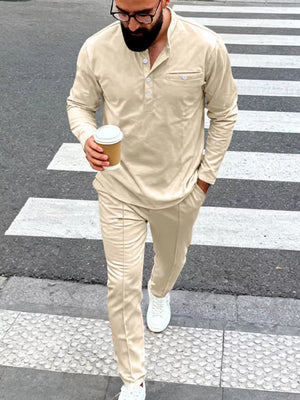 Navy Blue henley with hip-length and half-button
