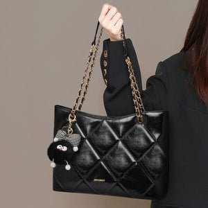 Black quilted PU leather shoulder bag with diamond pattern and chain straps.