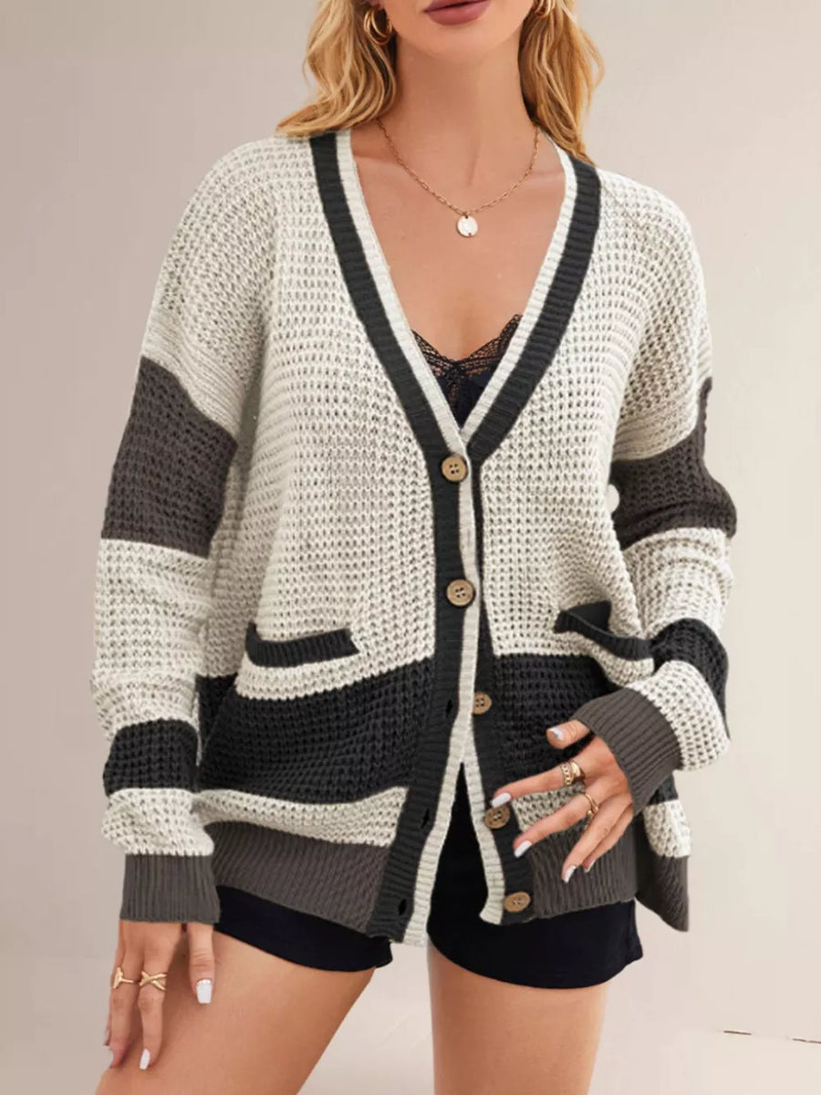 Gray cardigan with button-front and color-block