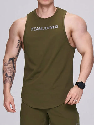 Moss green performance tank top with TEAMJOINED logo, crew neck, sleeveless.