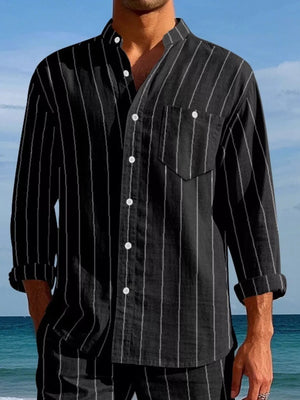 Black linen-blend striped button-up shirt with band collar and chest pocket.