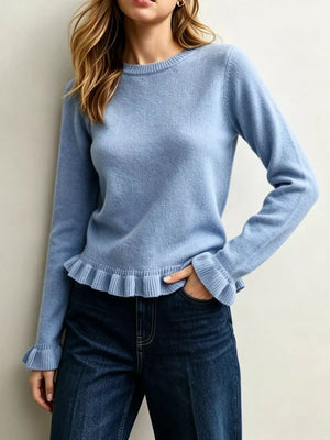 pullover sweater in sky blue featuring frill and regular fit