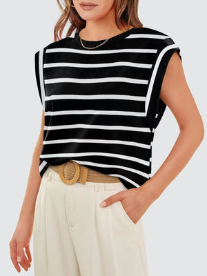 Black and white striped sleeveless tank top with padded shoulders.