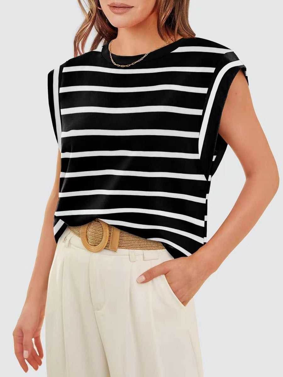Black and white striped sleeveless tank top with padded shoulders.