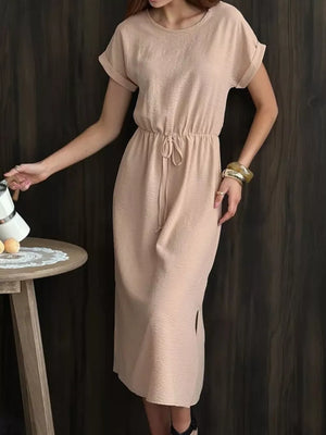 Deep Rose Casual Drawstring Waist Midi Dress