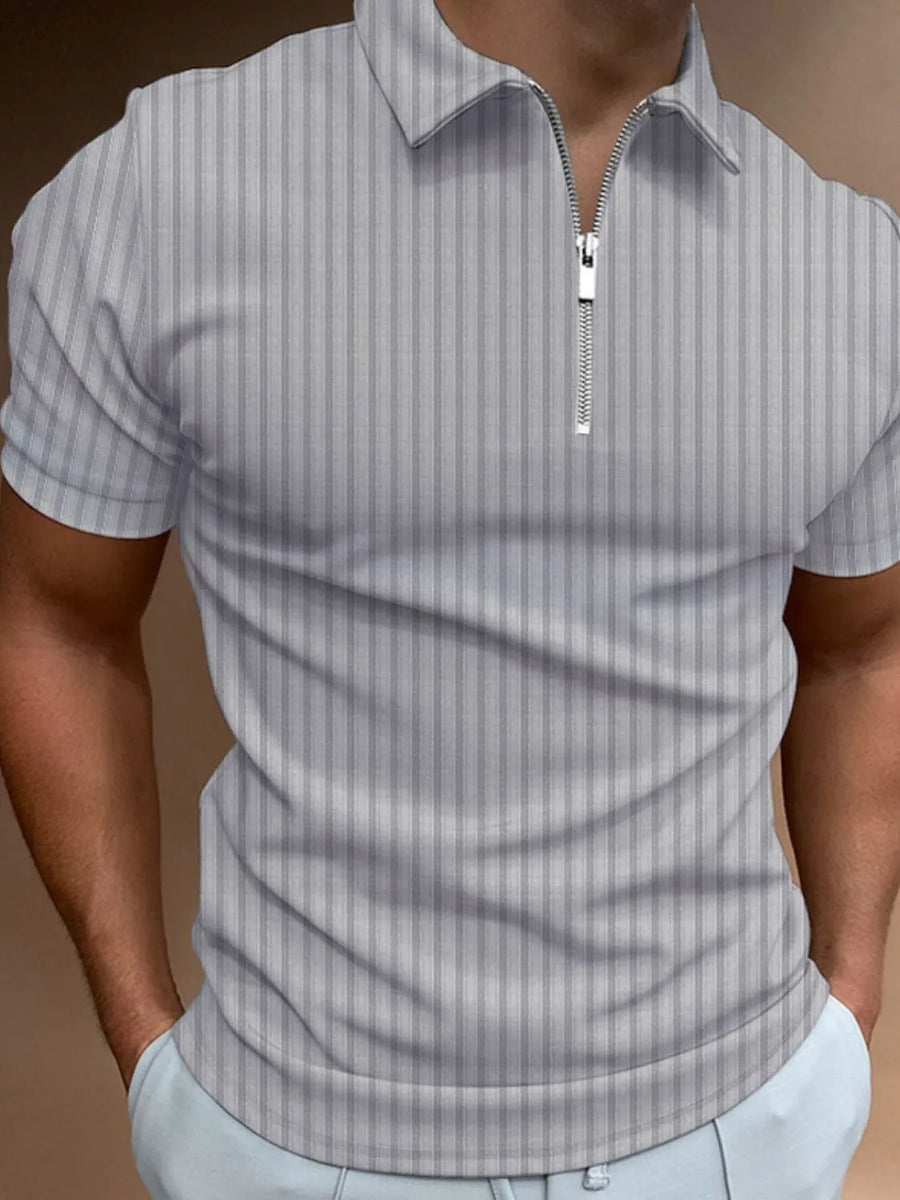 Gray ribbed zip-neck polo shirt with vertical stripe pattern