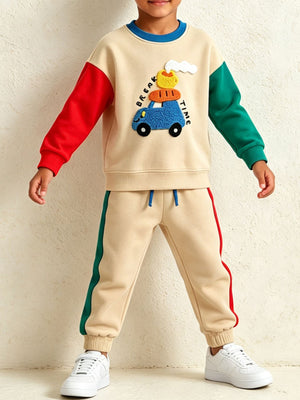 beige sweatshirt and jogger set with applique and crew neck
