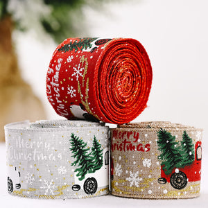 Festive Truck & Tree ribbon in red, beige, and light gray with Merry Christmas print.
