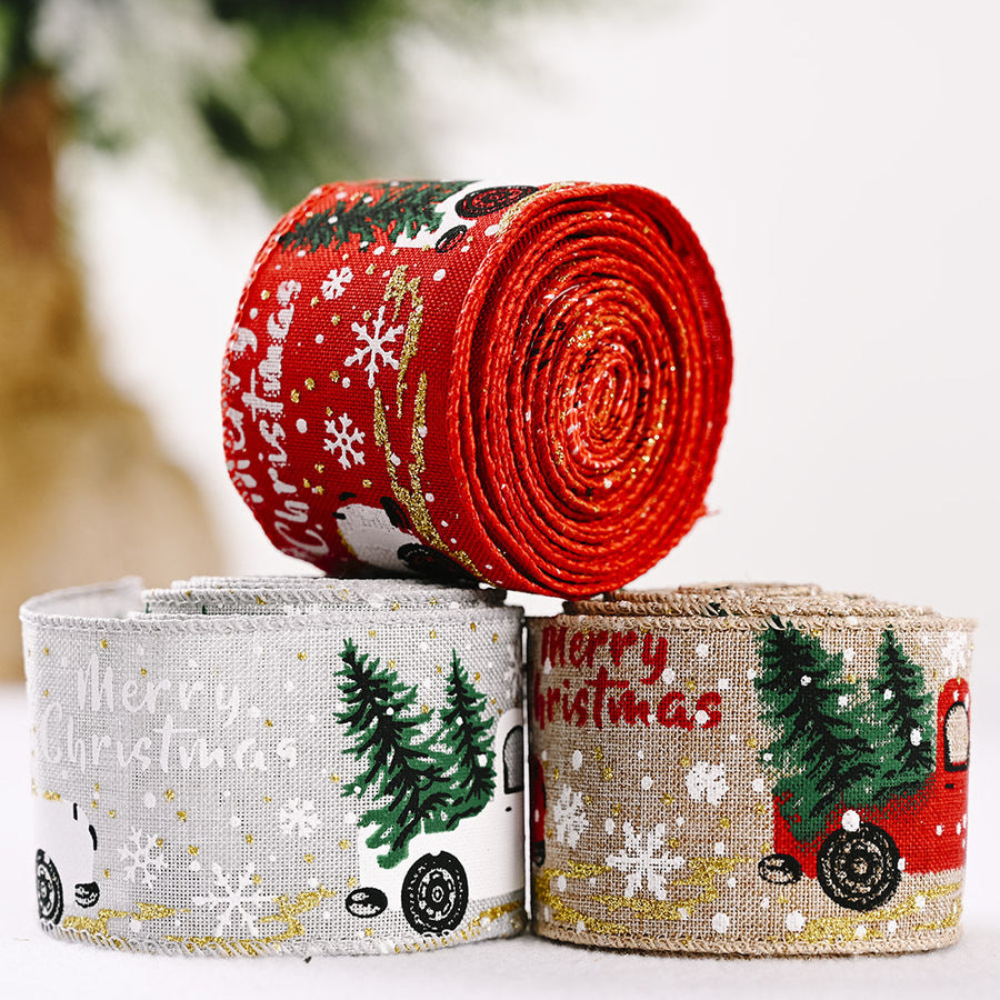 Festive Truck & Tree ribbon in red, beige, and light gray with Merry Christmas print.